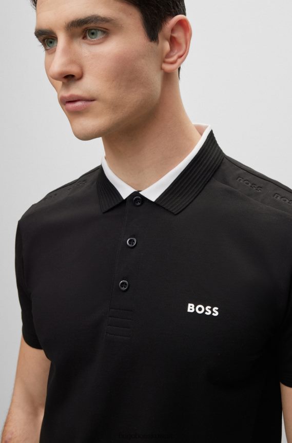 4TFNJN3678 أسود Hugo Boss قميص بولو أسود من القطن المطاطي بقصة ضيقة مع شعار هوغو