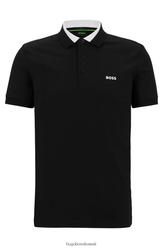 4TFNJN3678 أسود Hugo Boss قميص بولو أسود من القطن المطاطي بقصة ضيقة مع شعار هوغو