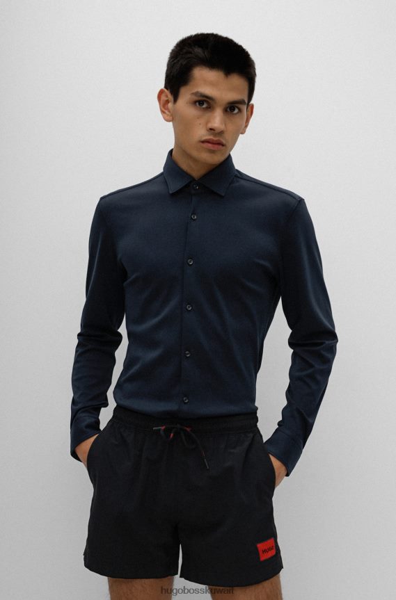 4TFNJN3684 أزرق غامق Hugo Boss قميص بقصة ضيقة مصنوع من قطن الجيرسيه مع ياقة كينت باللون الأزرق الداكن