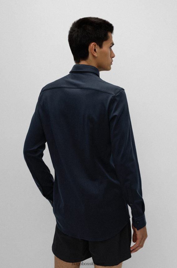 4TFNJN3684 أزرق غامق Hugo Boss قميص بقصة ضيقة مصنوع من قطن الجيرسيه مع ياقة كينت باللون الأزرق الداكن