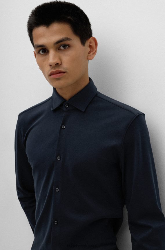 4TFNJN3684 أزرق غامق Hugo Boss قميص بقصة ضيقة مصنوع من قطن الجيرسيه مع ياقة كينت باللون الأزرق الداكن