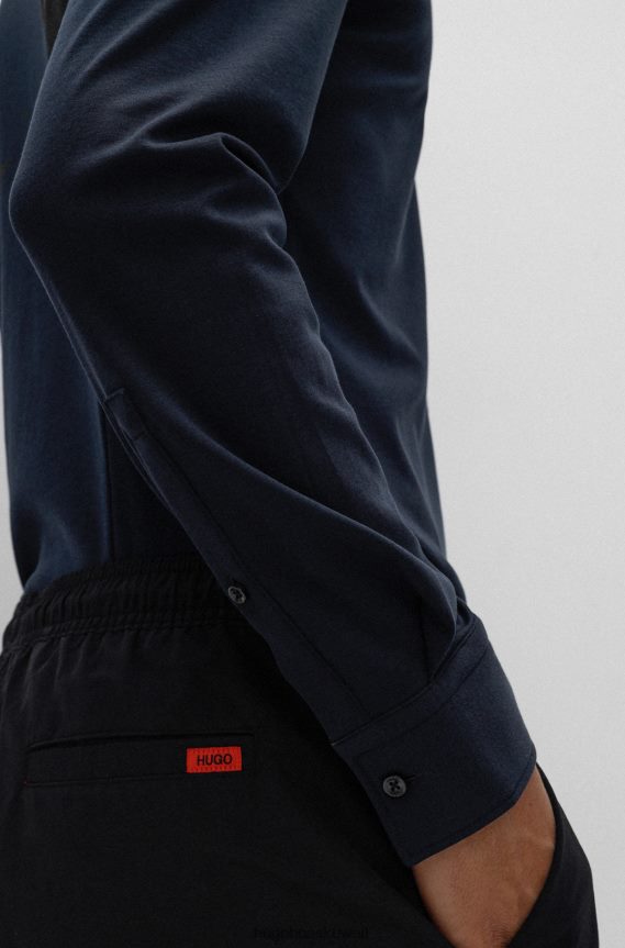 4TFNJN3684 أزرق غامق Hugo Boss قميص بقصة ضيقة مصنوع من قطن الجيرسيه مع ياقة كينت باللون الأزرق الداكن
