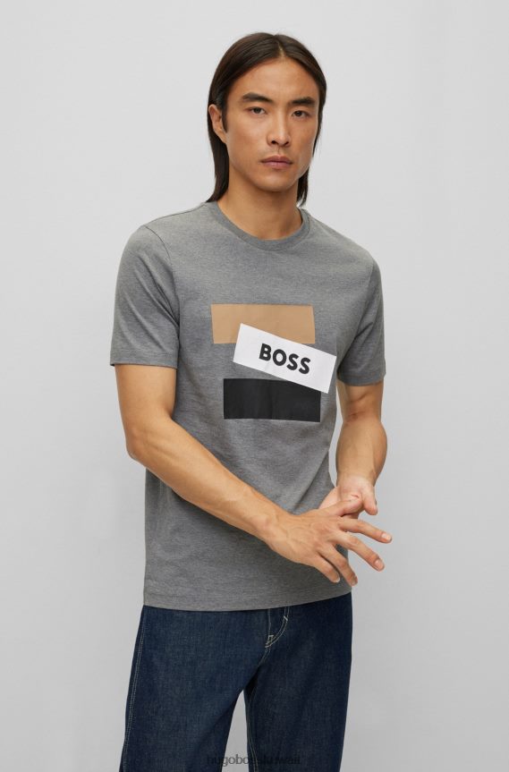 4TFNJN3694 رمادي Hugo Boss تي شيرت رمادي من قطن بيما مع شريط مميز وشعار