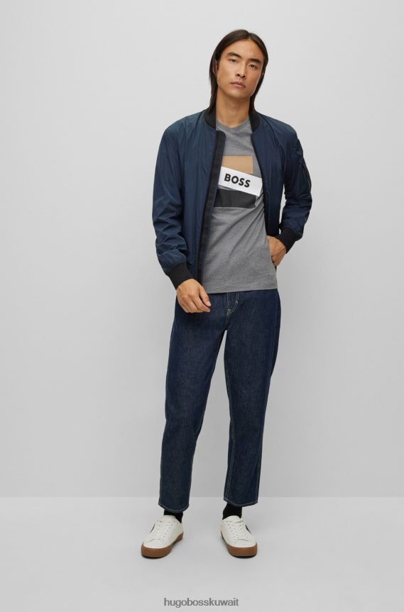 4TFNJN3694 رمادي Hugo Boss تي شيرت رمادي من قطن بيما مع شريط مميز وشعار