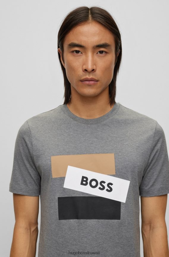 4TFNJN3694 رمادي Hugo Boss تي شيرت رمادي من قطن بيما مع شريط مميز وشعار