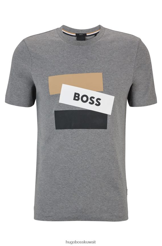 4TFNJN3694 رمادي Hugo Boss تي شيرت رمادي من قطن بيما مع شريط مميز وشعار