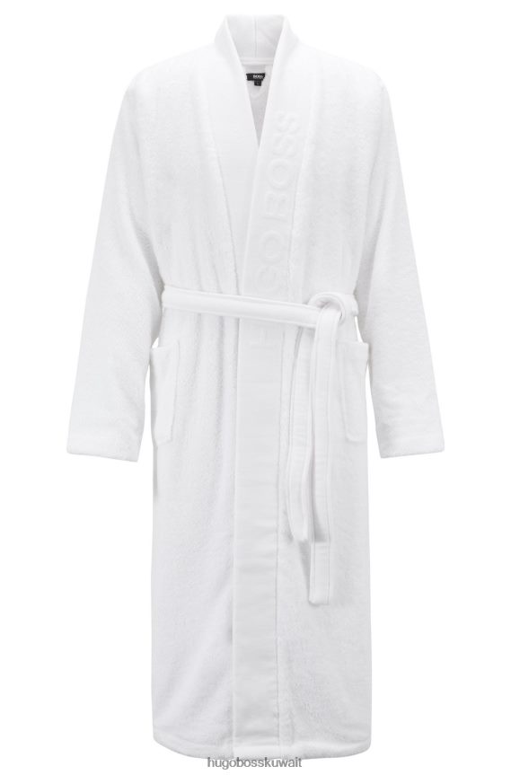 4TFNJN3702 أبيض Hugo Boss هوغو عباءة من القطن المصري مع طية صدر السترة ذات العلامة التجارية باللون الأبيض