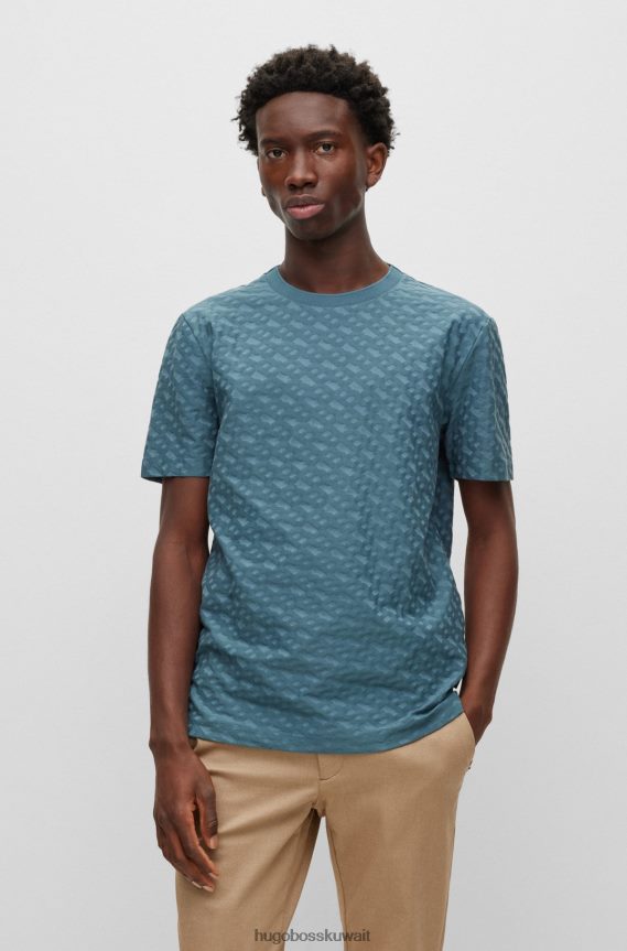 4TFNJN3704 الفيروز Hugo Boss تي شيرت بنقش المونوغرام باللون الفيروزي مصنوع من قطن الجاكار هوغو