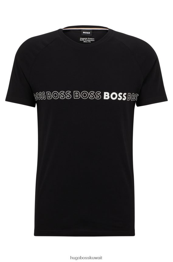 4TFNJN3707 أسود Hugo Boss تي شيرت هوغو أسود من القطن العضوي بقصة ضيقة مع شعارات متكررة