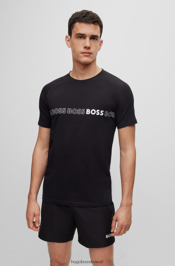 4TFNJN3707 أسود Hugo Boss تي شيرت هوغو أسود من القطن العضوي بقصة ضيقة مع شعارات متكررة