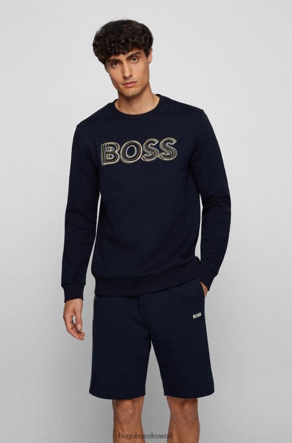 4TFNJN3730 أزرق غامق Hugo Boss سويت شيرت من مزيج القطن باللون الأزرق الداكن مع تطريز شعار هوغو بطبقات