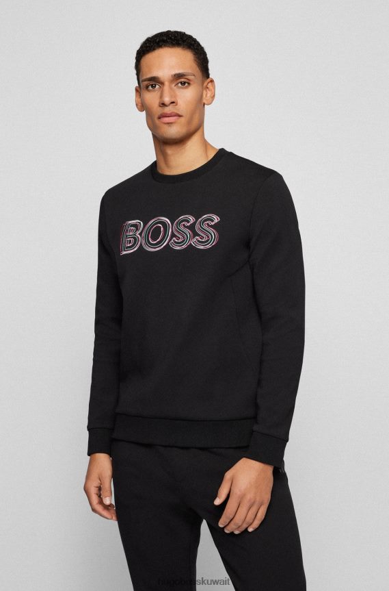 4TFNJN3731 أسود Hugo Boss سويت شيرت من مزيج القطن مع تطريز شعار الطبقات هوغو باللون الأسود