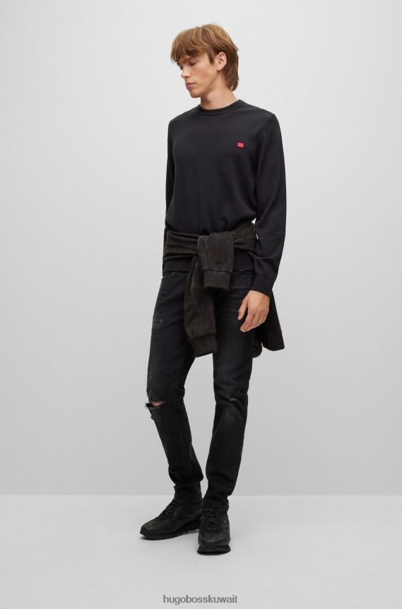 4TFNJN3736 أسود Hugo Boss سترة سوداء من القطن العضوي مع شعار هوغو باللون الأحمر