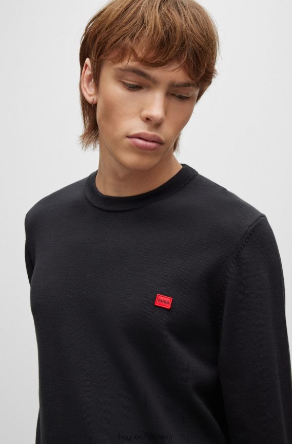 4TFNJN3736 أسود Hugo Boss سترة سوداء من القطن العضوي مع شعار هوغو باللون الأحمر