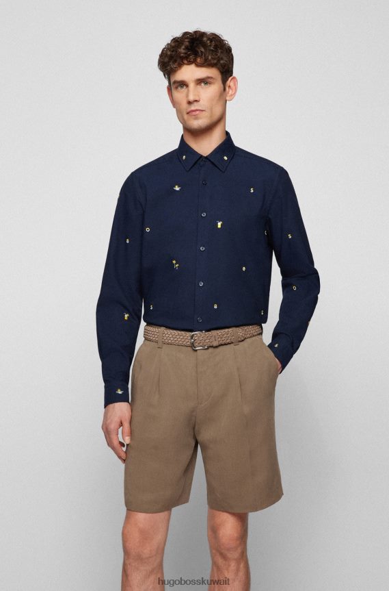 4TFNJN3748 أزرق غامق Hugo Boss قميص هوغو ذو قصة عادية باللون الأزرق الداكن مصنوع من قطن أكسفورد المطرز