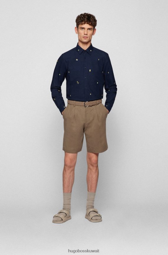 4TFNJN3748 أزرق غامق Hugo Boss قميص هوغو ذو قصة عادية باللون الأزرق الداكن مصنوع من قطن أكسفورد المطرز