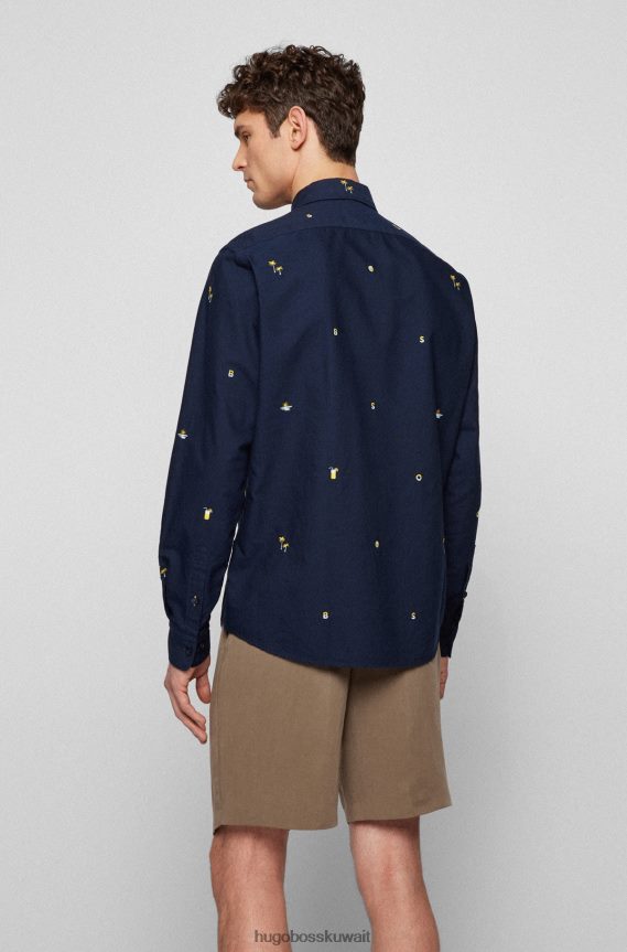 4TFNJN3748 أزرق غامق Hugo Boss قميص هوغو ذو قصة عادية باللون الأزرق الداكن مصنوع من قطن أكسفورد المطرز