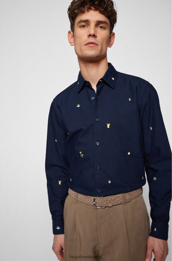 4TFNJN3748 أزرق غامق Hugo Boss قميص هوغو ذو قصة عادية باللون الأزرق الداكن مصنوع من قطن أكسفورد المطرز
