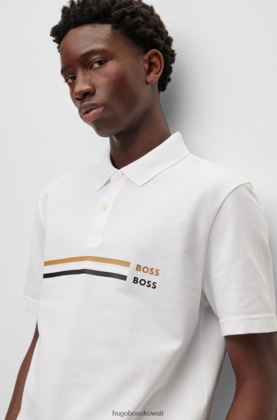 4TFNJN3751 أبيض Hugo Boss قميص بولو من القطن المرسيري باللون الأبيض مع شريط مميز وشعارات هوغو