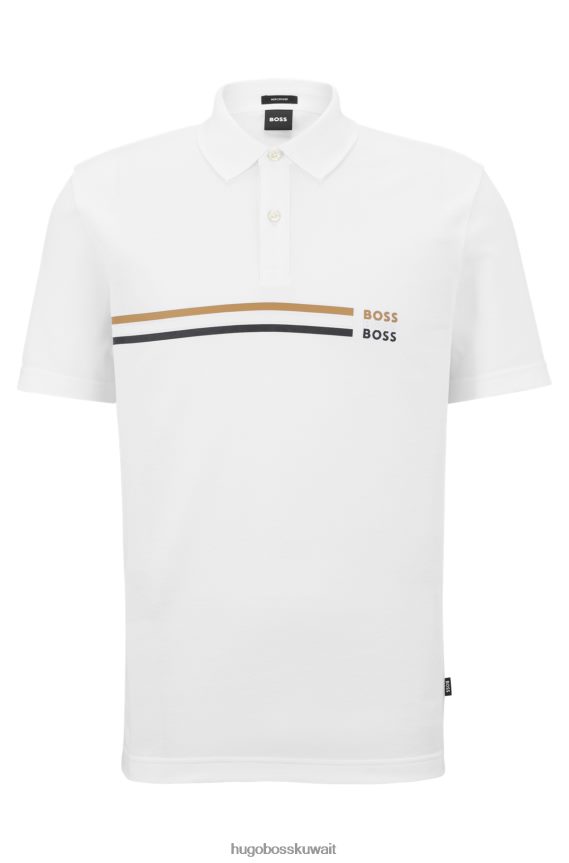 4TFNJN3751 أبيض Hugo Boss قميص بولو من القطن المرسيري باللون الأبيض مع شريط مميز وشعارات هوغو