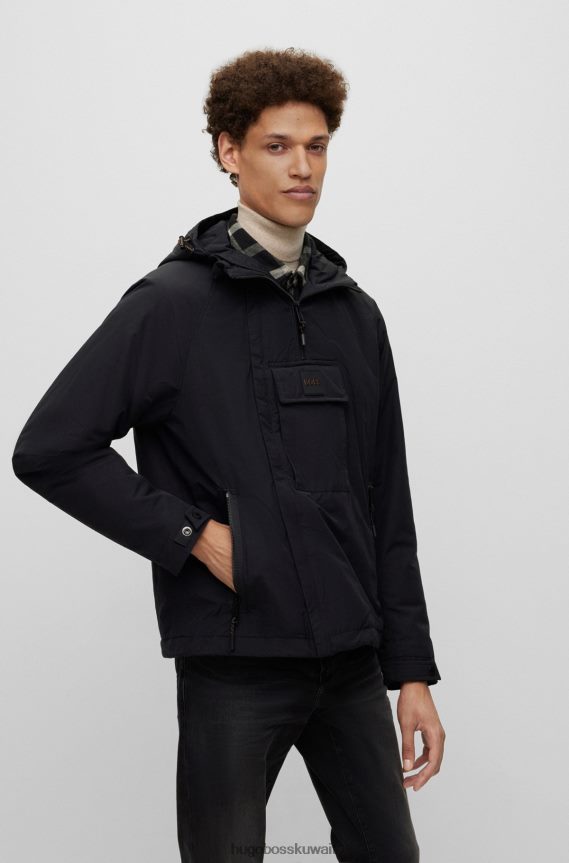 4TFNJN3752 أسود Hugo Boss سترة مبطنة غير متماثلة أمامية مقاومة للماء مع جيب كارجو باللون الأسود