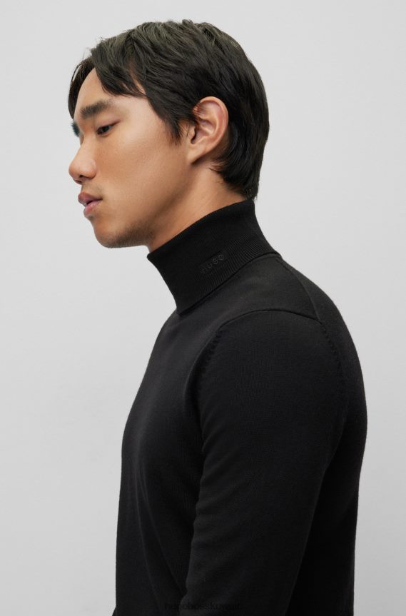 4TFNJN3760 أسود Hugo Boss سترة هوغو السوداء ذات الياقة المدورة ذات المقاس النحيف من الصوف البكر