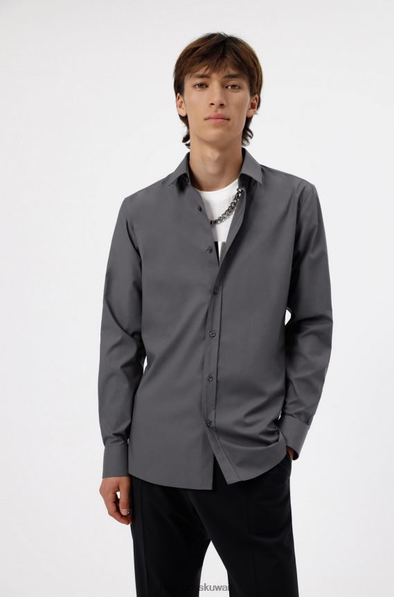 4TFNJN3766 الرمادي الداكن Hugo Boss قميص Hugo باللون الرمادي الداكن بقصّة نحيفة للغاية مصنوع من قماش قطني مطاطي سهل الكي