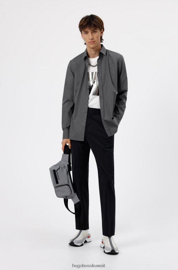 4TFNJN3766 الرمادي الداكن Hugo Boss قميص Hugo باللون الرمادي الداكن بقصّة نحيفة للغاية مصنوع من قماش قطني مطاطي سهل الكي