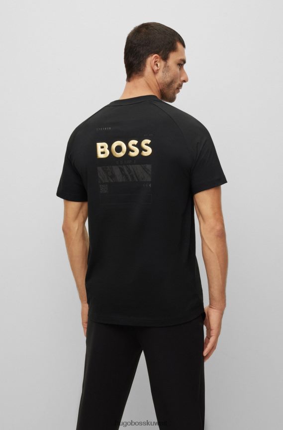 4TFNJN3771 أسود Hugo Boss تي شيرت من الجيرسي القطني مع عمل فني وشعارات هوغو باللون الأسود