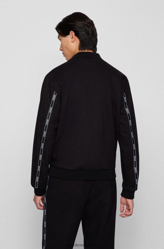 4TFNJN3789 أسود Hugo Boss سترة ضيقة مصنوعة من الجيرسيه المطاطي مع سحاب أسود من هوغو