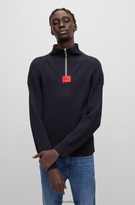 4TFNJN3798 أزرق غامق Hugo Boss سترة برقبة بسحاب من القطن العضوي والصوف هوغو باللون الأزرق الداكن