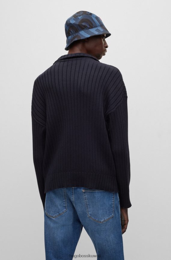 4TFNJN3798 أزرق غامق Hugo Boss سترة برقبة بسحاب من القطن العضوي والصوف هوغو باللون الأزرق الداكن