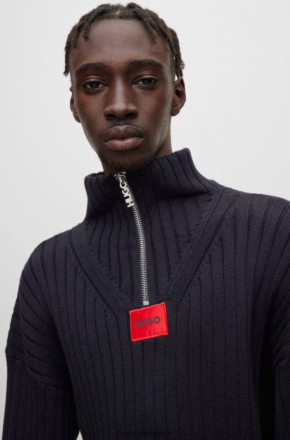 4TFNJN3798 أزرق غامق Hugo Boss سترة برقبة بسحاب من القطن العضوي والصوف هوغو باللون الأزرق الداكن