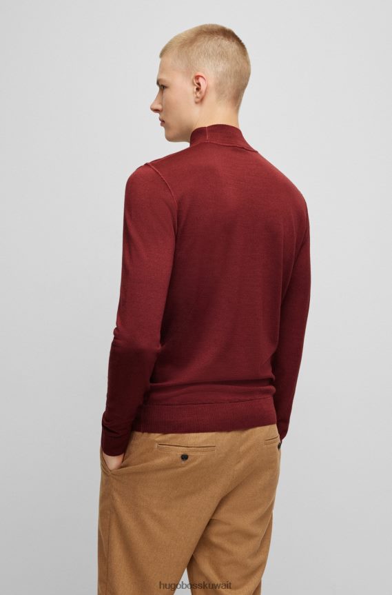 4TFNJN3806 احمر غامق Hugo Boss هوغو سترة حمراء داكنة الرقبة وهمية من الصوف البكر والحرير