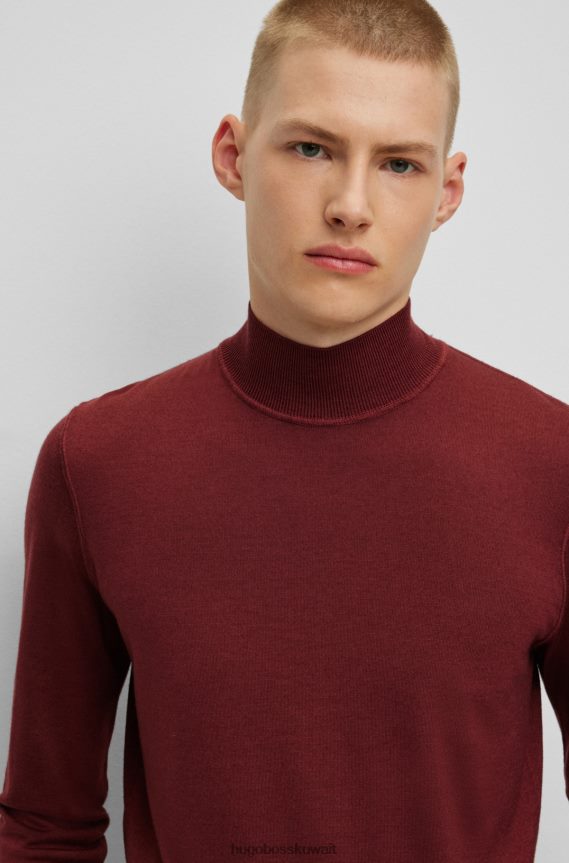 4TFNJN3806 احمر غامق Hugo Boss هوغو سترة حمراء داكنة الرقبة وهمية من الصوف البكر والحرير