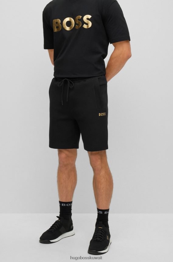 4TFNJN3824 أسود Hugo Boss هوغو شورت أسود من مزيج القطن بقصة عادية مع شعار مطرز