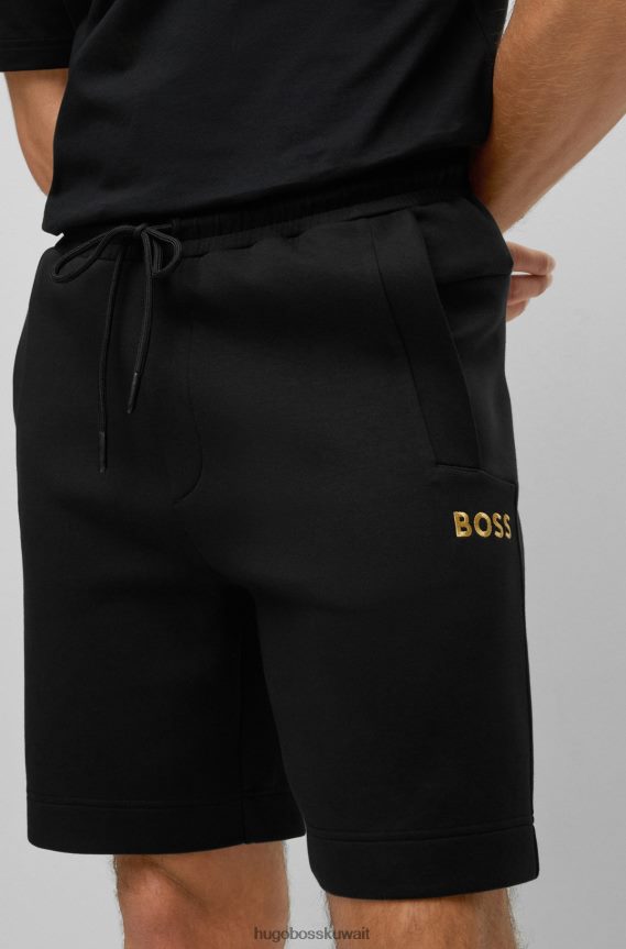 4TFNJN3824 أسود Hugo Boss هوغو شورت أسود من مزيج القطن بقصة عادية مع شعار مطرز