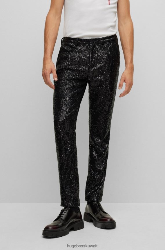 4TFNJN3826 أسود Hugo Boss بنطلون بقصّة ضيّقة للغاية مصنوع من الساتان الأسود المرن والمطرز بالترتر