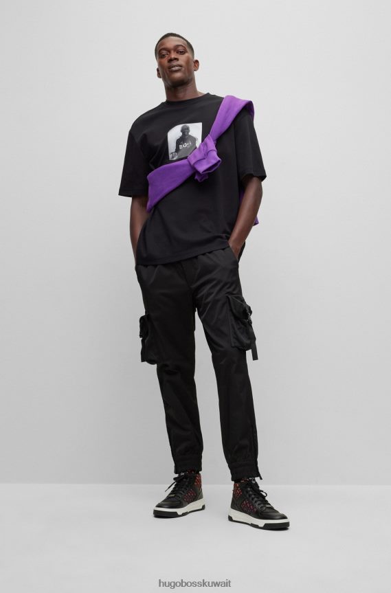 4TFNJN3827 أسود Hugo Boss تي شيرت x khaby مقاس كبير من القطن مع عمل فني عدسي