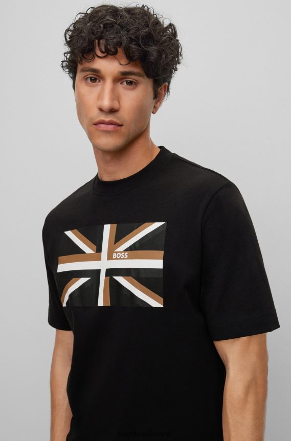 4TFNJN3837 أسود Hugo Boss تي شيرت من القطن العضوي بأكمام قصيرة مع Union Jack Hugo باللون الأسود