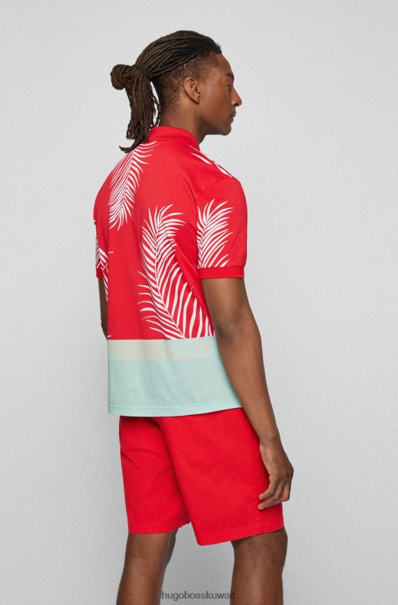 4TFNJN3840 أحمر Hugo Boss قميص بولو من قطن هوغو مع طباعة وألوان حمراء
