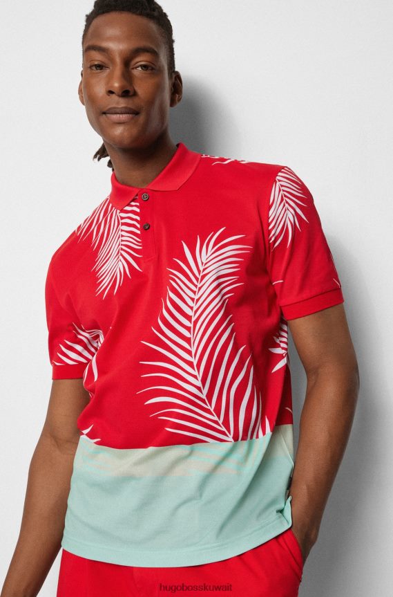 4TFNJN3840 أحمر Hugo Boss قميص بولو من قطن هوغو مع طباعة وألوان حمراء