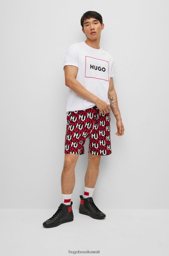 4TFNJN3843 أبيض Hugo Boss تي شيرت من القطن العضوي مع شعار هوغو باللون الأبيض بإطار أحمر