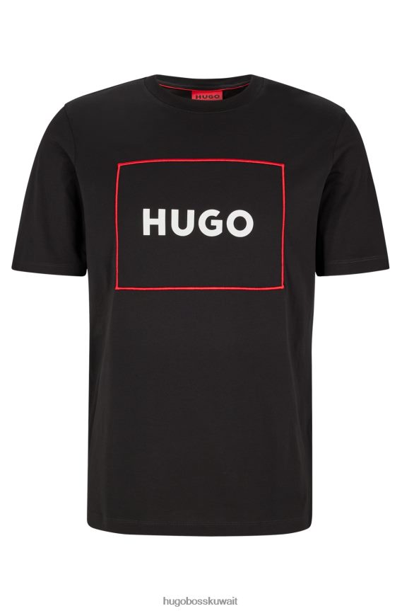 4TFNJN3844 أسود Hugo Boss تي شيرت هوغو أسود من القطن العضوي مع شعار بإطار أحمر