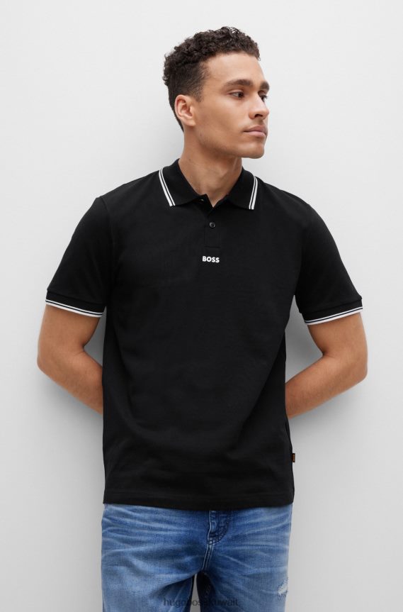 4TFNJN3845 أسود Hugo Boss قميص بولو Hugo أسود ناعم بيكيه مع تفاصيل متباينة