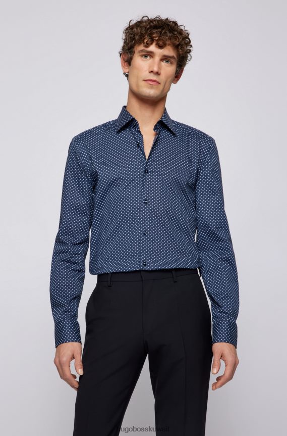 4TFNJN3849 أزرق غامق Hugo Boss قميص بقصّة ضيّقة من قماش البوبلين الإيطالي القطني المرن المطبوع باللون الأزرق الداكن