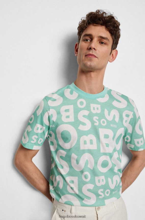 4TFNJN3862 اخضر فاتح Hugo Boss تي شيرت برقبة دائرية من القطن المرسيري مع طباعة موسمية باللون الأخضر الفاتح