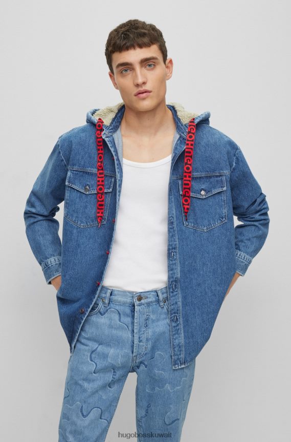 4TFNJN3873 أزرق فاتح Hugo Boss قميص علوي من الدنيم مقاس كبير باللون الأزرق الفاتح مع غطاء محرك السيارة مبطن بالتيدي