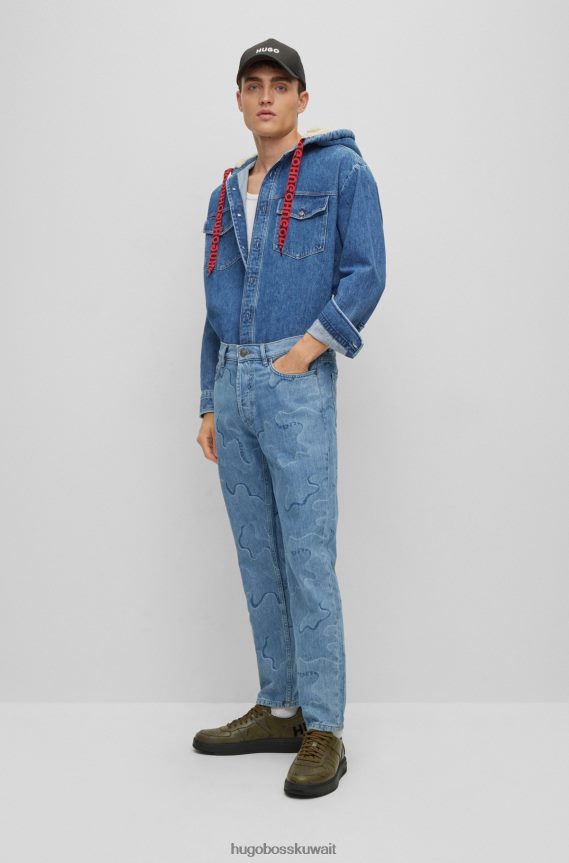 4TFNJN3873 أزرق فاتح Hugo Boss قميص علوي من الدنيم مقاس كبير باللون الأزرق الفاتح مع غطاء محرك السيارة مبطن بالتيدي