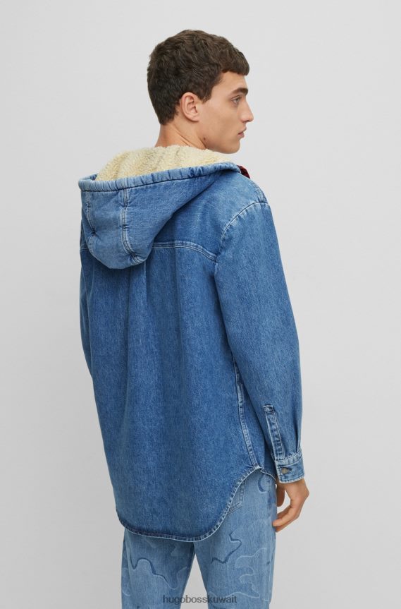 4TFNJN3873 أزرق فاتح Hugo Boss قميص علوي من الدنيم مقاس كبير باللون الأزرق الفاتح مع غطاء محرك السيارة مبطن بالتيدي